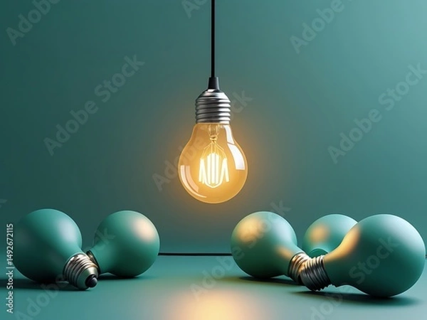 Fototapeta Creative Concept of a Glowing Light Bulb Among Unlit Bulbs