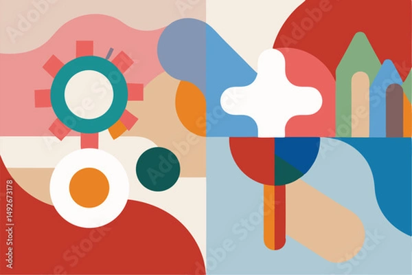 Fototapeta Abstract geometric composition with colorful shapes for diverse design applications