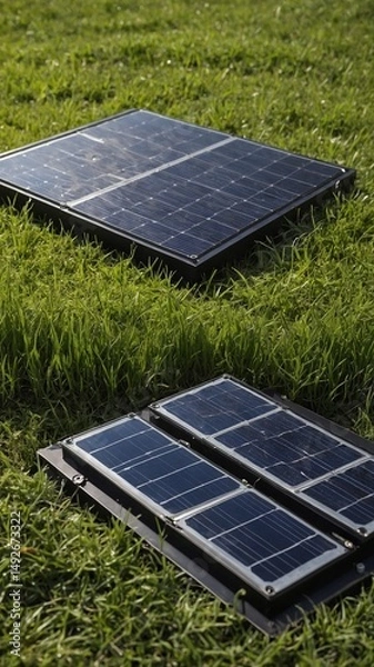 Fototapeta Two portable solar panels lie on grass, angled toward sunlight for efficient energy capture. Smaller panel partially unfolded in foreground, while larger one extends fully in background.