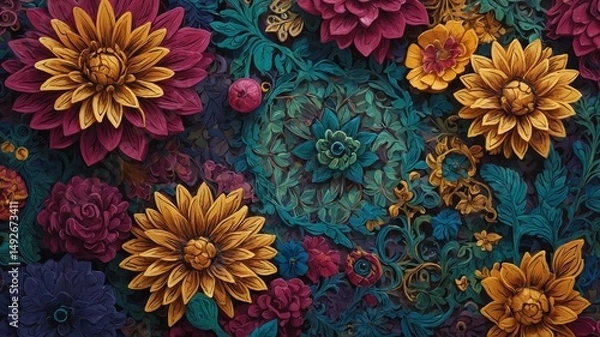Fototapeta Vibrant floral pattern bursts forth, showcasing chrysanthemums, roses, dahlias in rich hues. Leaves intertwine, creating ornate tapestry against dark background. Intricate design exudes elegance.