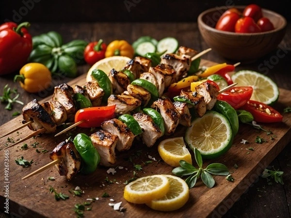 Fototapeta Succulent grilled chicken skewers intermingle with vibrant red, yellow bell peppers, zesty lemon slices, charred onion pieces on rustic dark wood surface. Fresh ingredients like whole tomatoes.