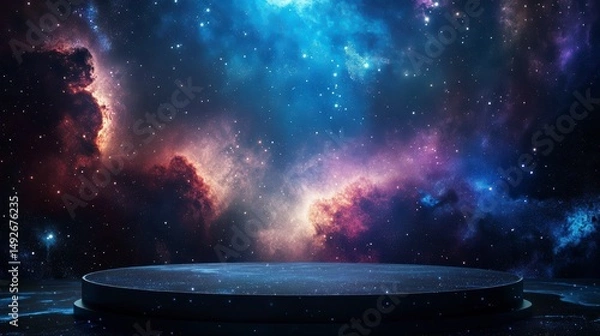 Obraz Dark, circular platform against a vibrant nebula backdrop.