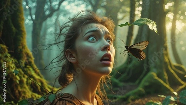 Obraz In an enchanting forest, a young woman expresses surprise and wonder as a large butterfly hovers close to her, surrounded by lush greenery and soft light filtering through the trees