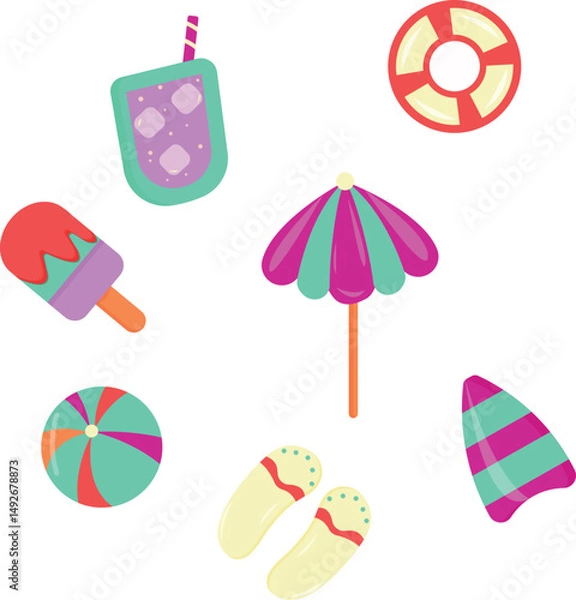 Fototapeta A summer set consisting of an umbrella, a drink, ice cream, a surfboard, a lifebuoy, a ball