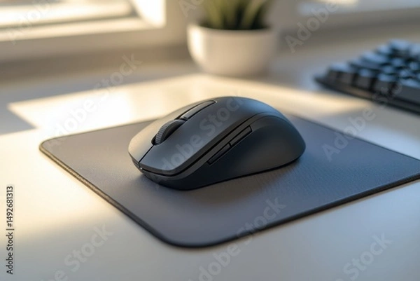 Fototapeta Close-Up of a Modern Wireless Mouse on a Desk with a Soft Mouse Pad and Bright Natural Light Enhancing a Minimalistic Workspace Atmosphere
