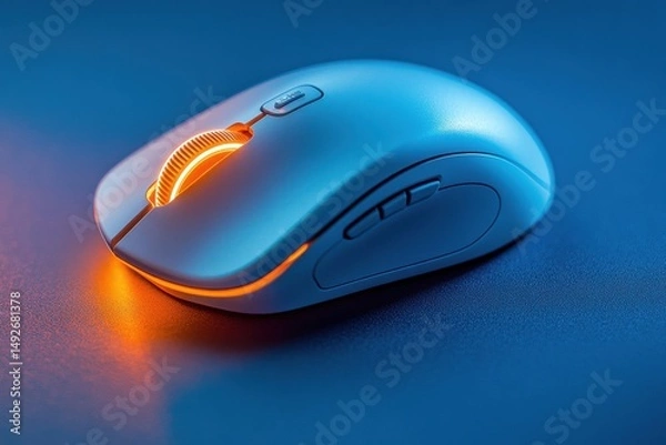 Fototapeta Close-Up of a Modern Wireless Computer Mouse with Blue and Orange Backlight on a Stylish Desk Background for Technology and Gaming Concepts