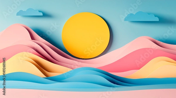 Fototapeta Layered paper cut-out effect in soft pastel tones depicting stylized hills, round yellow sun, and sky, minimal and artistic landscape illustration