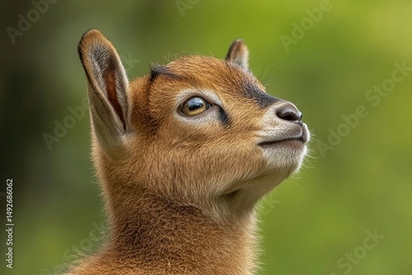 Fototapeta Close-Up of Adorable Baby Goat with Soft Fur and Curious Expression Against a Blurred Green Background in a Natural Setting
