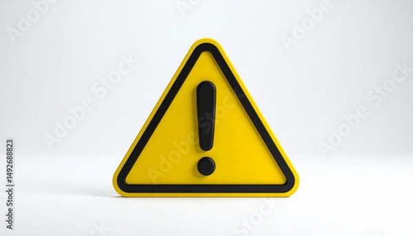 Fototapeta Yellow caution triangle with exclamation mark isolated on white backdrop. 3D rendering.