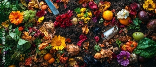 Fototapeta Garden scene with compost pile, flowers, and tools showing composting of organic waste in a colorful, vibrant setting.