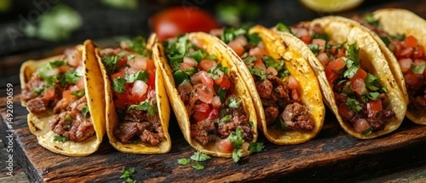 Fototapeta Five beef tacos on a wooden board, filled with meat, tomatoes, and herbs, creating a casual and inviting vibe with a focus on the colorful and appetizing food.