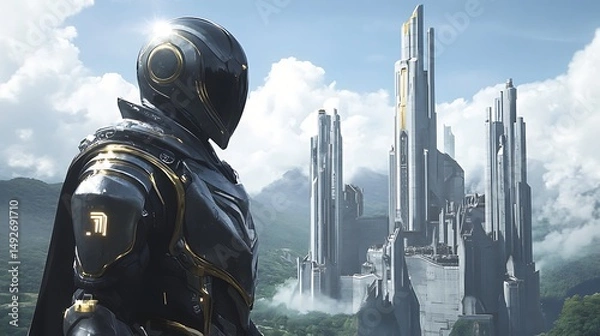 Fototapeta Futuristic figure and cityscape