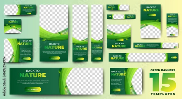 Obraz Green banner design web template Set, Horizontal header web banner. Modern Gradient green cover header background for website design, Social Media Cover ads banner, flyer, invitation card