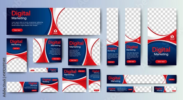 Fototapeta Set bundle of ads banner template design with blue and red background. vector	