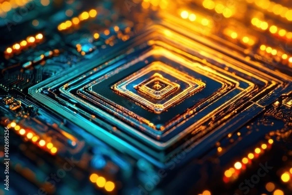 Fototapeta Close-Up View of a High-Tech Microchip Surface with Intricate Circuits and Glowing LED Lights Showcasing Modern Electronic Technology in a Dark Background