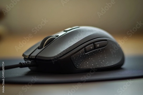 Fototapeta Close-up View of a Modern Gaming Mouse on a Soft Surface, Showcasing Ergonomic Design and Advanced Features for Enhanced Gaming Performance
