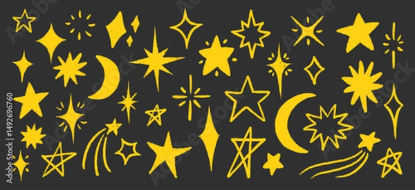 Fototapeta Crayon Star and Moon Doodle Set in Hand-Drawn Style. Includes Spark Yellow Stars