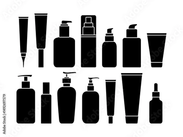 Fototapeta Vector Shampoo and Beauty Bottle Set. Skincare Product Silhouettes with Jars, Tubes and Containers for Cosmetics