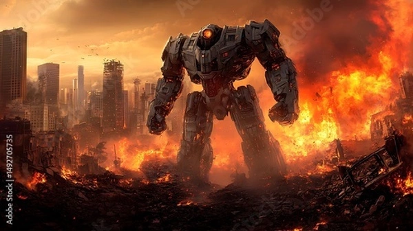 Fototapeta Giant robot in ruined cityscape
