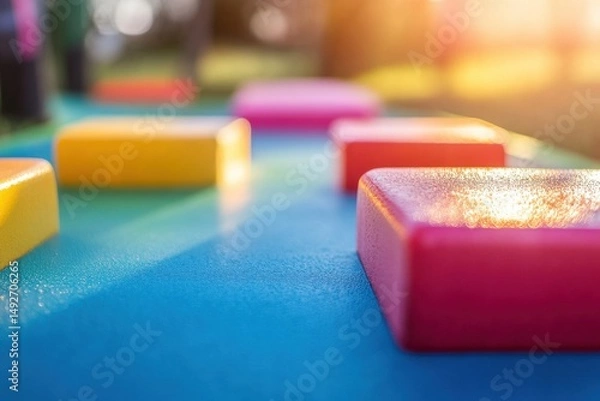 Fototapeta Colorful building blocks arranged on a bright surface in a soft-focus outdoor setting, capturing the beauty of playtime and creativity in daylight.