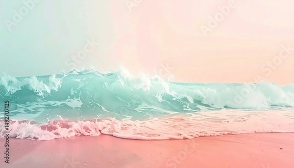 Fototapeta Waves crashing on serene beach tropical paradise nature photography sunrise glow coastal view tranquil atmosphere
