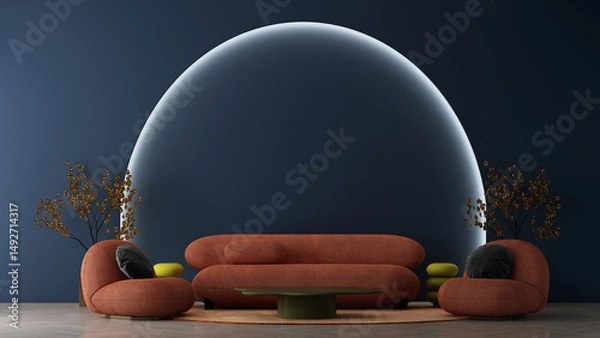 Obraz Modern living room and cozy sofa mockup decoration and blue color arch pattrn wall texture background interior design. 3d rendeing