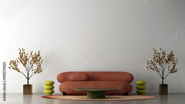 Obraz Modern living room and cozy red ofa mockup decoration and white pattrn wall texture background interior design. 3d rendeing
