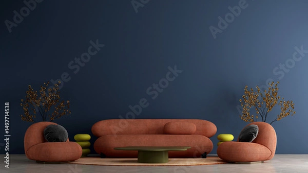 Obraz Modern living room and cozy red sofa mockup decoration and blue wall texture background interior design. 3d rendeing