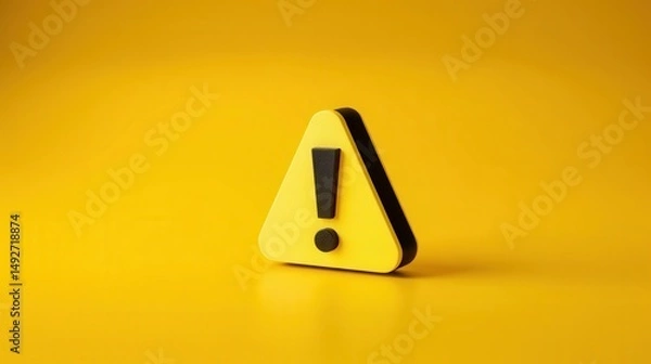 Fototapeta 3D triangular shaped exclamation mark on a yellow background, warning sign, no entry, security alert, bold caution symbol