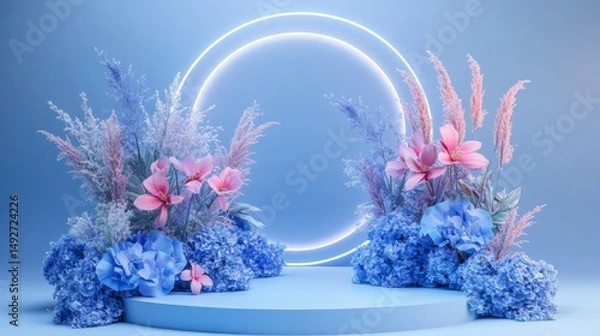 Obraz Pastel blue flowers and plants on a pedestal with a glowing neon circle background.