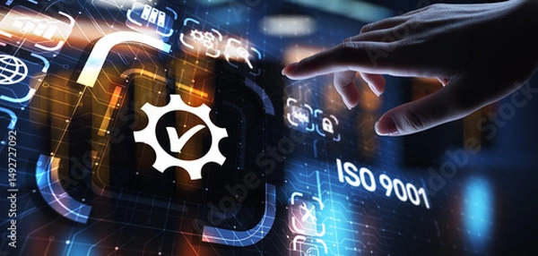 Fototapeta ISO 9001 Standards quality control business technology concept on virtual screen.