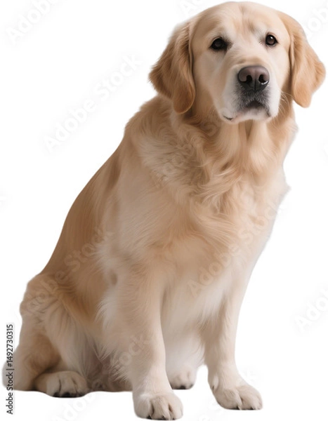 Fototapeta A golden retriever sits upright on its hind legs, showing a playful and trained pose. Its fur gleams in the light while its posture reflects energy and eagerness to engage.