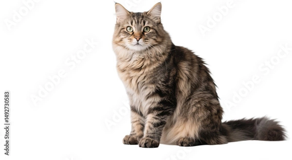 Fototapeta This Siberian cat features gray and black fur with alert but calm posture. Its fluffed coat and centered pose bring out its bold pattern and composed personality.