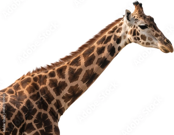 Fototapeta This close-up of a giraffe’s neck and face shows its gentle eyes and patterned skin. With a serene look and towering form, it reflects the calm beauty of the savanna.