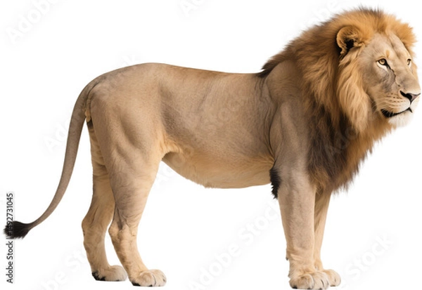 Fototapeta With regal posture and golden mane, this lion faces sideways showing nobility and calm power. A symbol of strength captured under the soft light of the wild.