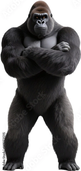 Fototapeta The gorilla stands tall on its feet, arms confidently crossed and gaze fixed. With a humanlike stance and commanding presence, it looks ready to challenge any force. 100 men vs gorilla