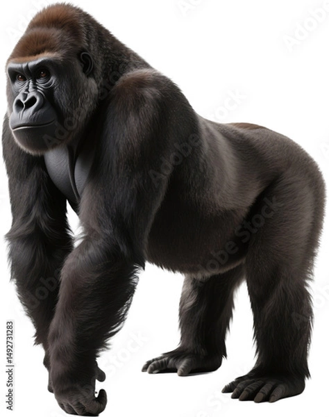 Fototapeta Muscular and focused, this gorilla strides toward the lens with determination. Every step exudes dominance and primal strength in the heart of the jungle.