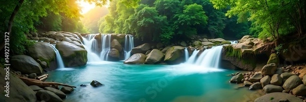 Fototapeta Panoramic View of Serene Tropical Waterfall in Lush Green Forest at Sunrise