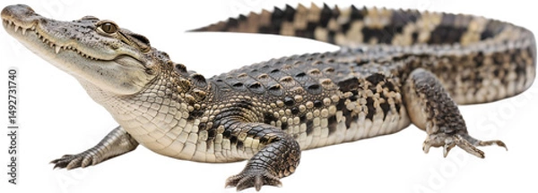 Fototapeta A powerful alligator lies still on the ground captured in full from head to tail displaying its massive body tough scales and primal presence under natural light