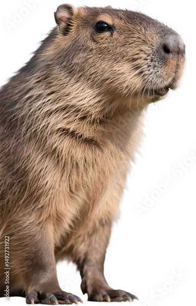 Fototapeta A soft and detailed face shot of a capybara as it gazes quietly with kind eyes and a peaceful air capturing the gentle spirit and laidback nature of this friendly creature