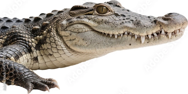 Fototapeta A striking face shot of an alligator highlighting its rough skin piercing eyes and frozen calm as it rests watchfully in the wild with primal strength and ancient depth