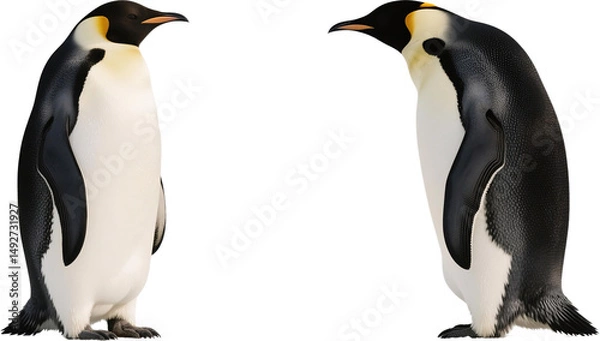 Fototapeta A dramatic moment as two penguins stand facing one another in the snow with intense expressions as if preparing for a sudden quarrel or sharp exchange in the icy wilderness