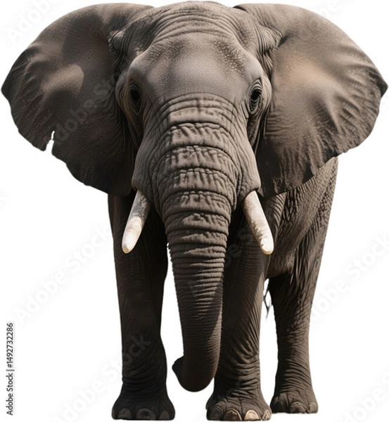 Fototapeta A frontal image of an African elephant as it locks eyes with the viewer showing raw power wisdom and calmness with its long tusks and gentle stance