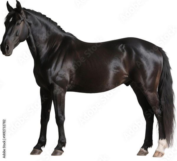 Fototapeta The flowing mane and strong presence of a black friesian horse are displayed in this elegant side profile as it stands poised in a natural landscape