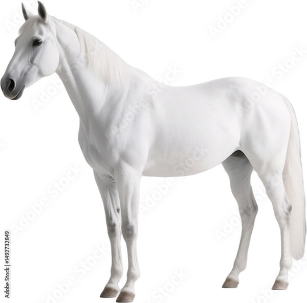 Fototapeta This elegant side view captures the power and grace of a white horse with every muscle and strand of mane highlighted in warm gentle light