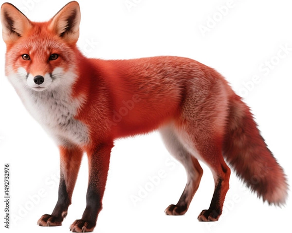 Fototapeta A striking red fox with vibrant fur and a bushy tail is captured mid-turn as it looks back with alert curiosity in a peaceful woodland scene