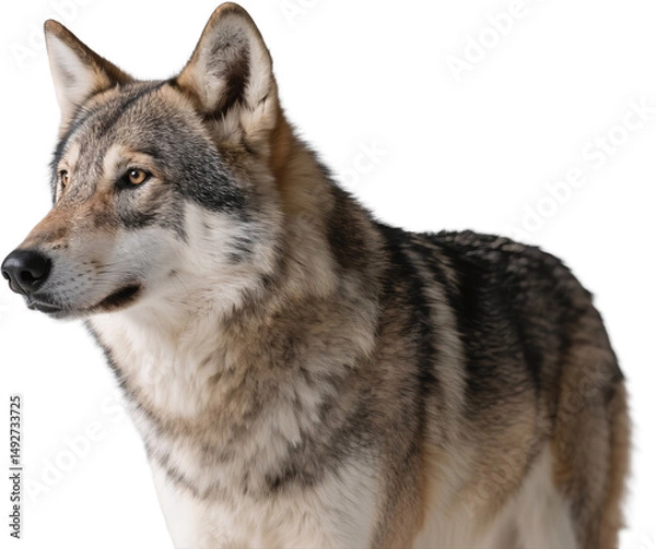Obraz The wolf stands in profile with dense fur and a sharp expression. Its alert body language and muscular structure reflect wild instinct and strength in a forest environment.
