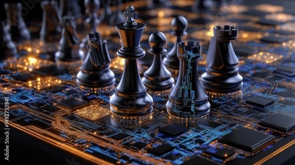 Obraz Black chess pieces stand on a glowing circuit board, blending classic strategy with the modern digital battlefield