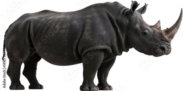 Fototapeta This giant rhinoceros is captured from the side showing off its huge horn and armor-like skin. A calm yet formidable presence in the wild with an unmistakable prehistoric look.