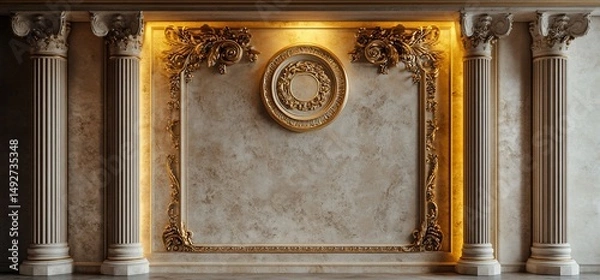Fototapeta Beige stone wall with decorative golden trim and columns